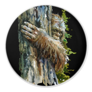 Bouton De Porte En Céramique Black Watercolor Bigfoot Hiding Forest  
