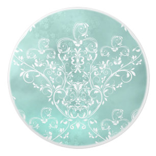 Bouton De Porte En Céramique Blanc élégant sur Damas Turquoise
