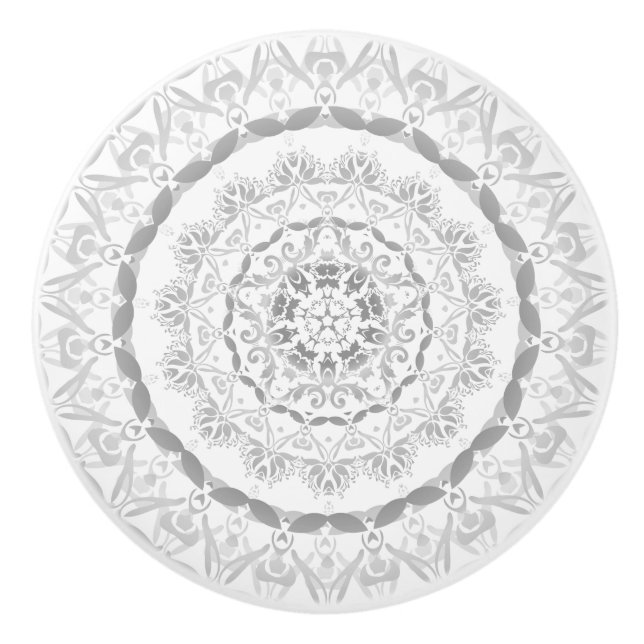Bouton De Porte En Céramique Blanc gris Floral Damask Mandala (Devant)