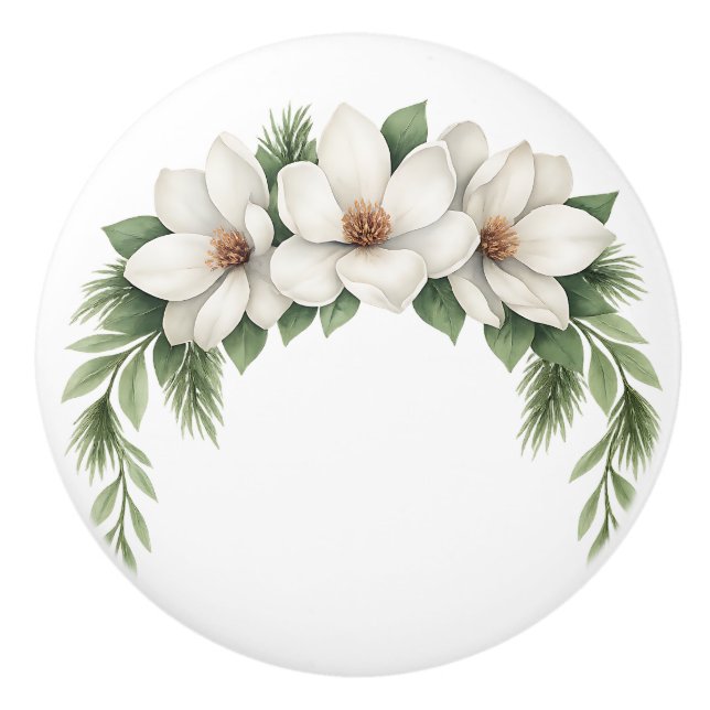 Bouton De Porte En Céramique Blanc Magnolia Floral Fleur de verdure (Devant)