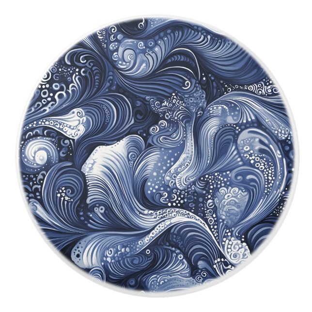 Bouton De Porte En Céramique Bleu brun et blanc Abstrait (Devant)