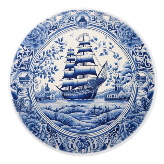 Bouton De Porte En Céramique Bleu Chine inspiré Nautical Ship Knob (Devant)