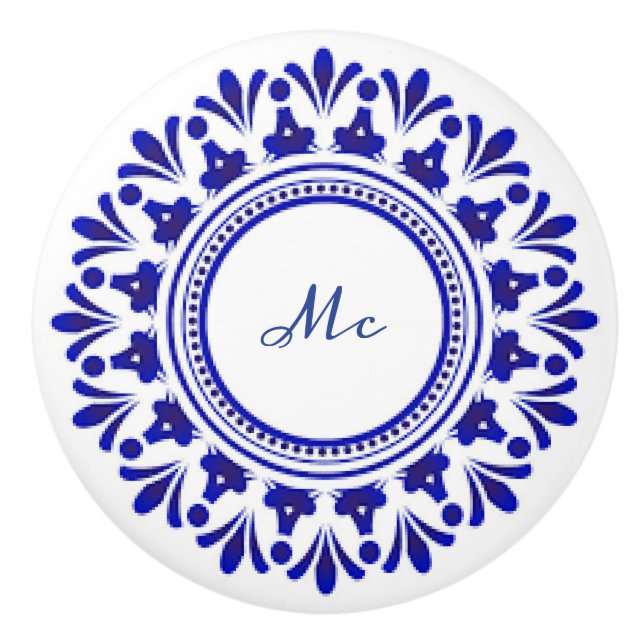 Bouton De Porte En Céramique Bleu de Cobalt "Le Fleur"  (Devant)