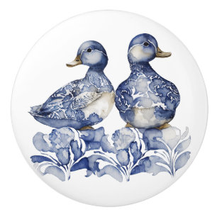 Bouton De Porte En Céramique Bleu et blanc Delft style mignon canards avec fleu