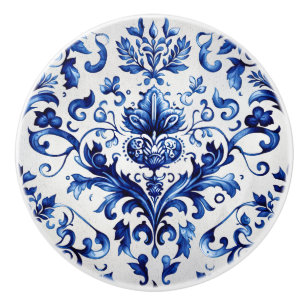 Bouton De Porte En Céramique Bleu et blanc Delft style ornement floral motif