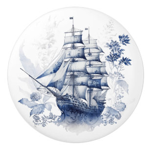 Bouton De Porte En Céramique Bleu et blanc Delft voilier en mer
