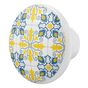 Bouton De Porte En Céramique Bleu et jaune joli carrelage portugais motif