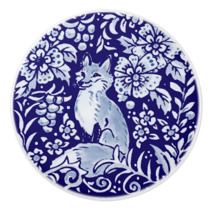 Bouton De Porte En Céramique Bleu foncé renard boisé animal floral Cobalt marin