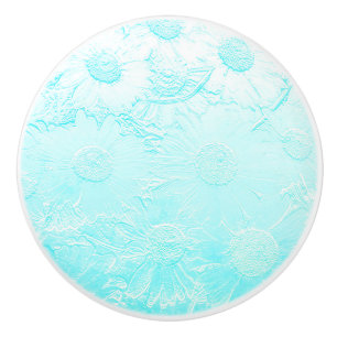 Bouton De Porte En Céramique Bleu gaufré look fleur marguerite motif bleu blanc