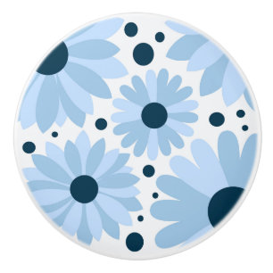 Bouton De Porte En Céramique Bleu marguerite de style rétro et points bleu fonc