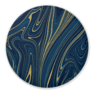 Bouton De Porte En Céramique Bleu Nuit et Or Moderne, Élégance du Marbre