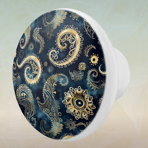 Bouton De Porte En Céramique Bleu Or Rouages Steampunk Paisley Élégant