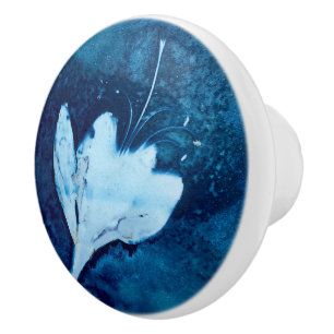 Bouton De Porte En Céramique Bleu rêveur et floral blanc Cyanotype décoratif