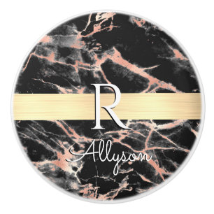 Bouton De Porte En Céramique Bleu & Rose Gold Marble Barre Or, What Nom Monogra