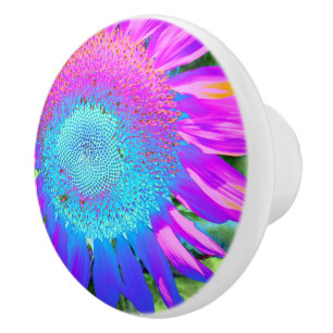 Bouton De Porte En Céramique Bleu rose rétro tournesol funky photo