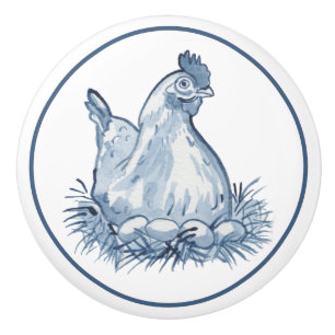 Bouton De Porte En Céramique Bleu Rustique & Poulet Blanc Oeufs De Poules De Po