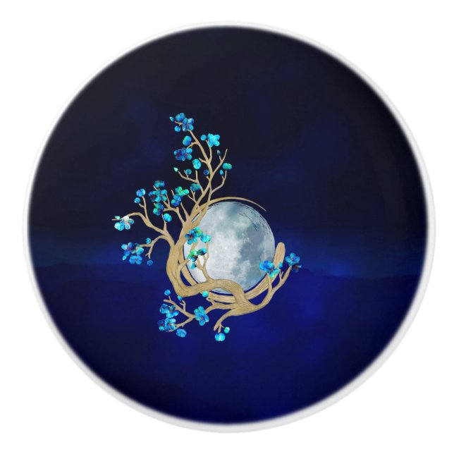 Bouton De Porte En Céramique Bleu Sakura Blossom Zen Moon (Devant)