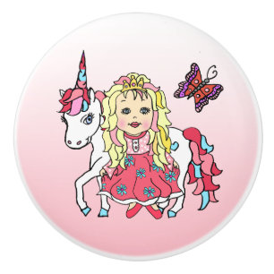 Bouton De Porte En Céramique Blonde Princess et Unicorn