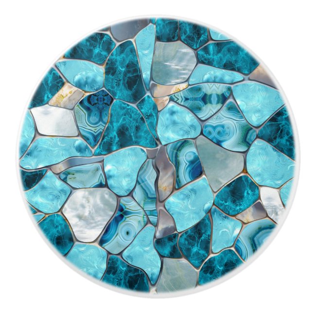 Bouton De Porte En Céramique Blue aqua gemstone abstract cells (Devant)