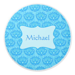 Bouton De Porte En Céramique Blue Damask Baby Boy Nom Personnalisé