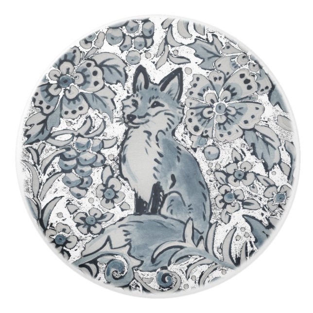 Bouton De Porte En Céramique Blue Fox Floral Woodland Unique Art Delft Look (Devant)