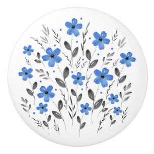 Bouton De Porte En Céramique Blue Grey Cinq Pétales Aquarelle Motif Floral