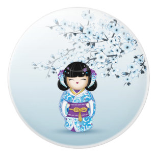 Bouton De Porte En Céramique Blue Kokeshi Poupée cerisier Fleur Cerise Ceramiqu