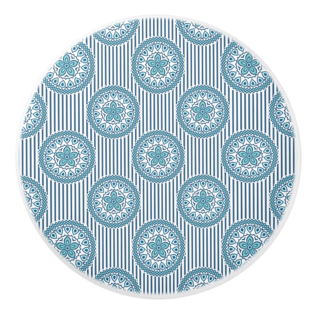 Bouton De Porte En Céramique Blue mandala pattern on striped background (Devant)