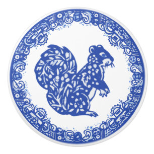 Bouton De Porte En Céramique Blue Willow Design Écureuil face Whimsical