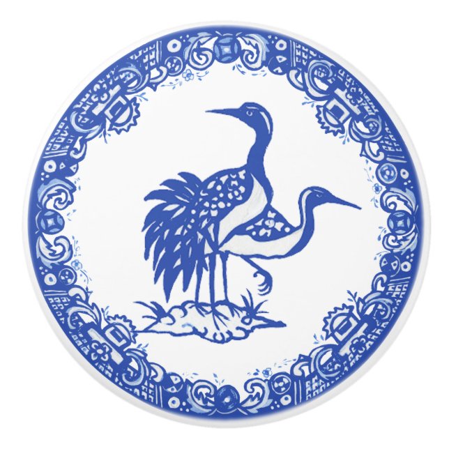 Bouton De Porte En Céramique Blue Willow Design Grue florale Paire face à droit (Devant)