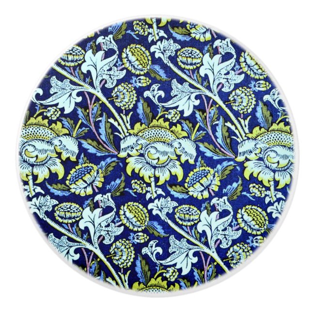 Bouton De Porte En Céramique Bluewey, un design William Morris, (Devant)