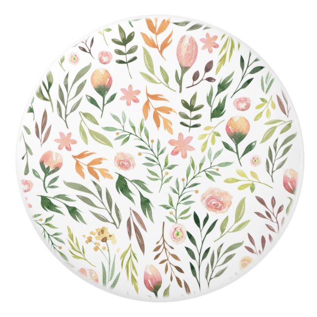 Bouton De Porte En Céramique Bohème Feuilles et fleurs d'aquarelle (Devant)