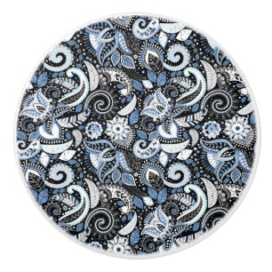 Bouton De Porte En Céramique Boho blanc et bleu Paisley Motif d'impression