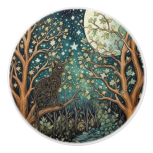 Bouton De Porte En Céramique Boho chat ciel étoilé forêt de bois