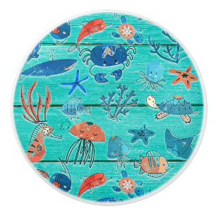 Bouton De Porte En Céramique Bois de teinte bleue rustique et amis fantaisistes