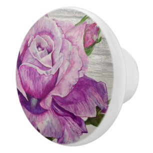 Bouton De Porte En Céramique Bois rustique Aquarelle Rose violet