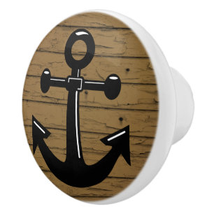Bouton De Porte En Céramique Bois vieilli avec Ancre nautique