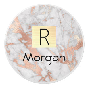 Bouton De Porte En Céramique Boite en or marbre blanc et Rose, nom et monogramm