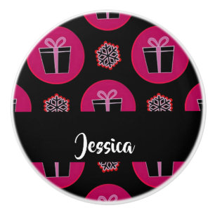 Bouton De Porte En Céramique Boîtes cadeaux et flocons de neige sur noir