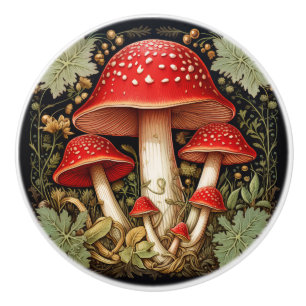 Bouton De Porte En Céramique Botanique Rouge Amanita Muscaria Effet 3D Champign