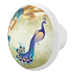 Bouton De Porte En Céramique Boucle en céramique Peacock Gold & Blue Feathers