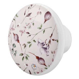 Bouton De Porte En Céramique Boucles violets Lilac Feuille Aquarelle Motif Flor