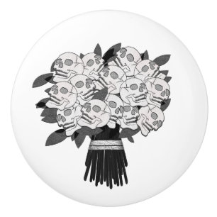Bouton De Porte En Céramique Bouquet de Roses du crâne noir et blanc