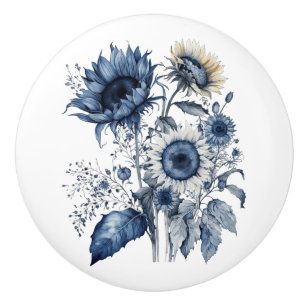 Bouton De Porte En Céramique Bouquet de tournesols de style Delft bleu et blanc