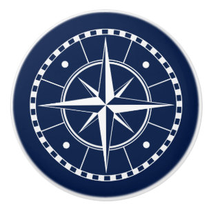 Bouton De Porte En Céramique Boussole bleue et blanche, nautique