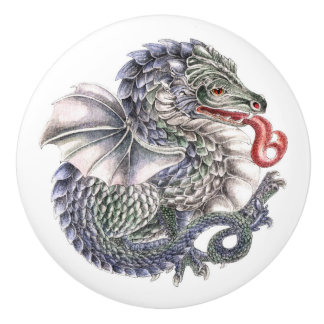 Bouton De Porte En Céramique Bouton en céramique de dragon bleu rond