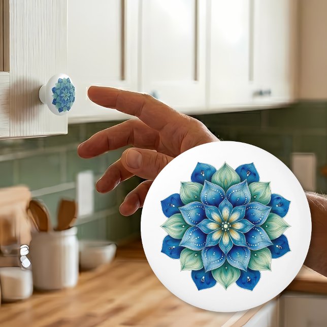 Bouton De Porte En Céramique Bouton en céramique mandala bleu et vert bohème (Créateur téléchargé)