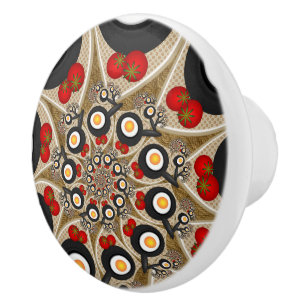 Bouton De Porte En Céramique Brunch Fractal Art Drôle Nourriture, Tomates, Oeuf
