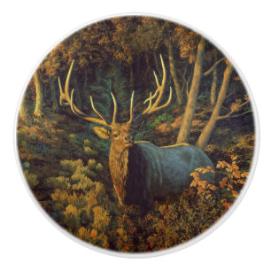 Bouton De Porte En Céramique Bull Elk dans la forêt d'automne