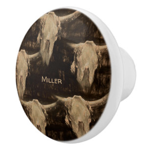 Bouton De Porte En Céramique Bull Skull Western Country Rustic Brown Sepia Art